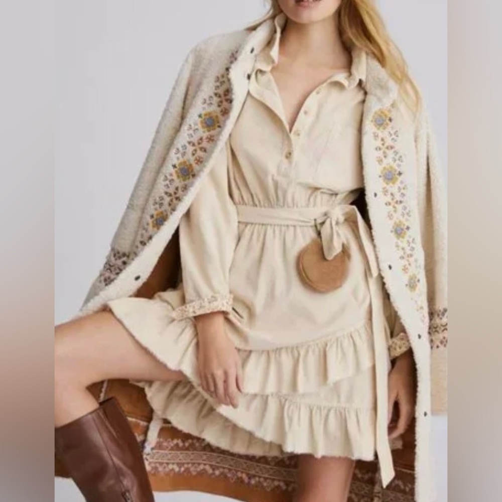 Pilcro Cream Corduroy Tiered Ruffle Belted Mini Dress NWT - Size S